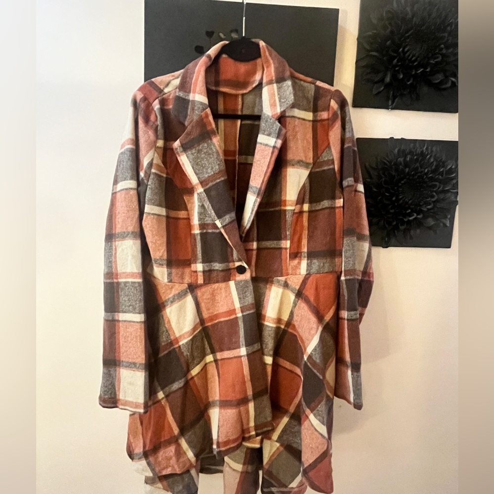Flannel plaid Shacket. High low. Orange, brown and cream. Peplum back